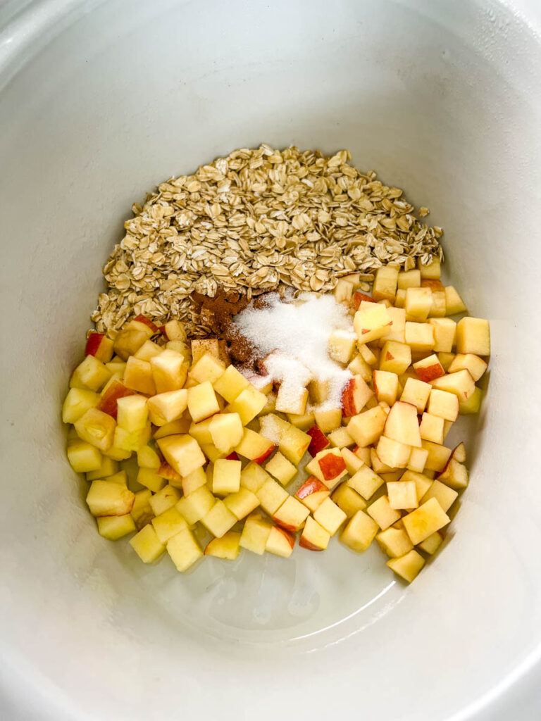 diced apples, sweetener, cinnamon, and rolled oats in a Crockpot slow cooker
