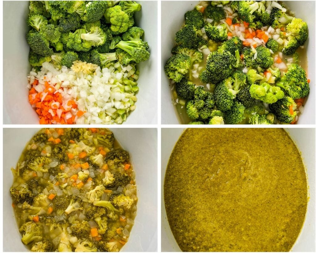 collage of 4 photos with fresh soup ingredients in a Crockpot slow cooker