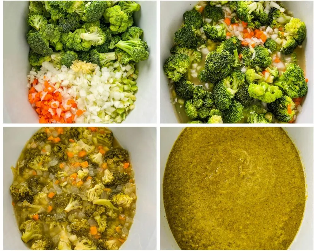 collage of 4 photos with fresh soup ingredients in a Crockpot slow cooker