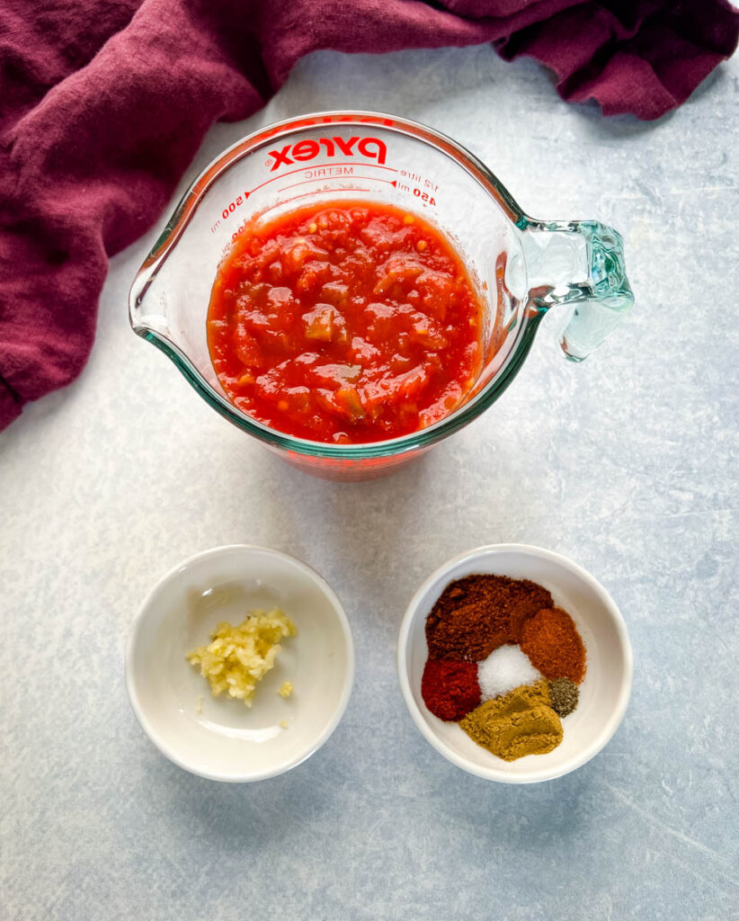 salsa, garlic, and fajita seasoning in separate bowls