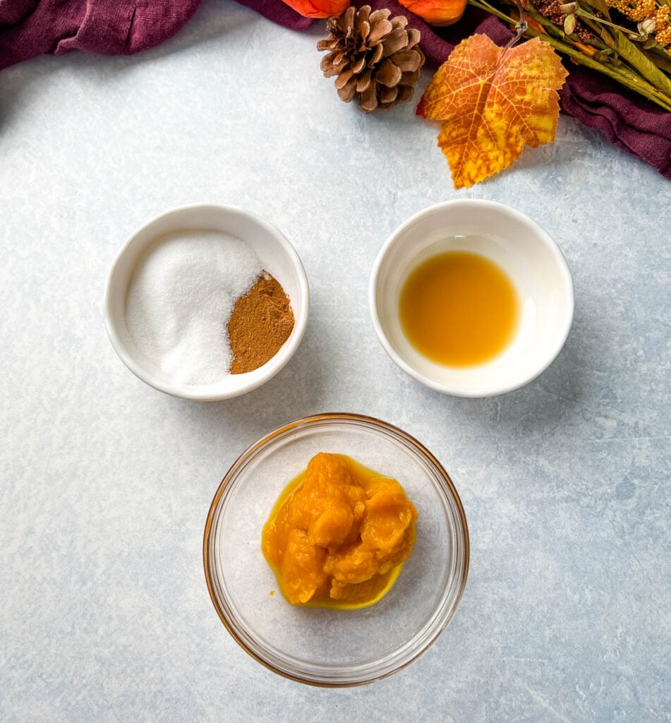 spices, vanilla extract, and pureed pumpkin in separate bowls