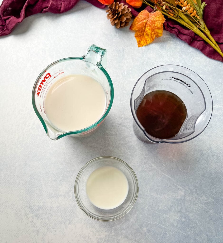 coffee. almond milk, and half and half in separate bowls