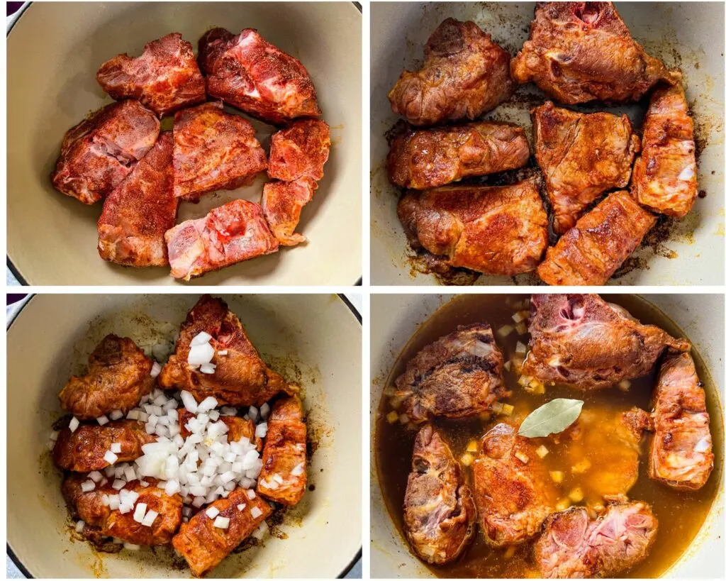 collage of 4 photos with neck bones seared in a Dutch oven