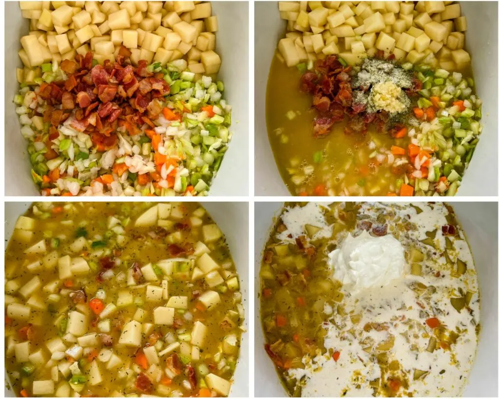 collage photo of 4 photos with bacon potato soup in a pot