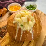 ranch potato soup in a bread bowl