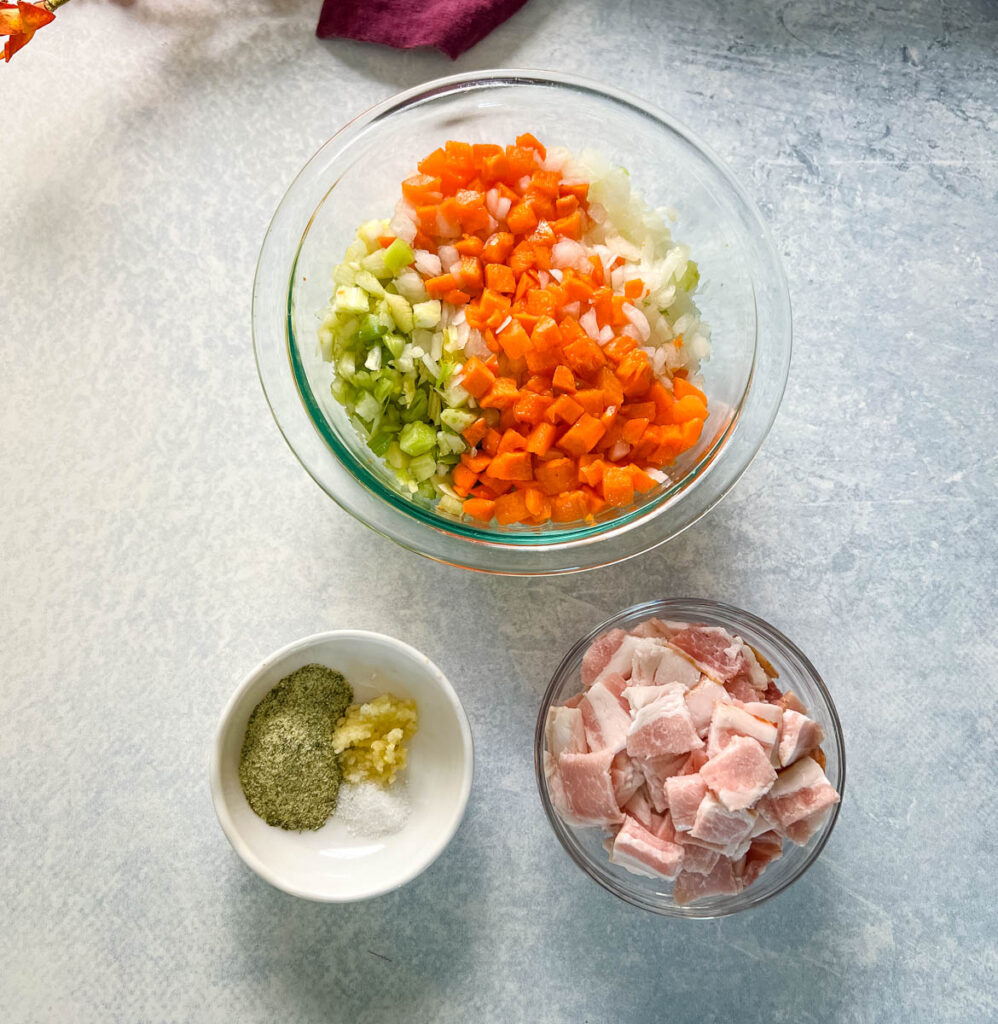 uncooked bacon, carrots, celery, onions, and ranch seasoning in separate bowls