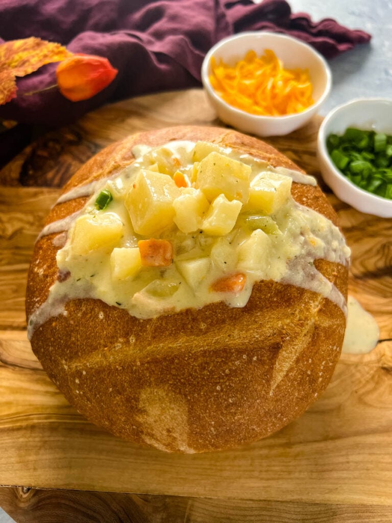 ranch potato soup in a bread bowl