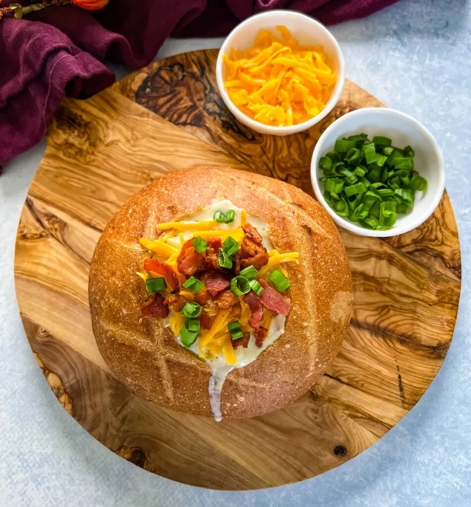 bacon ranch potato soup in a bread bowl