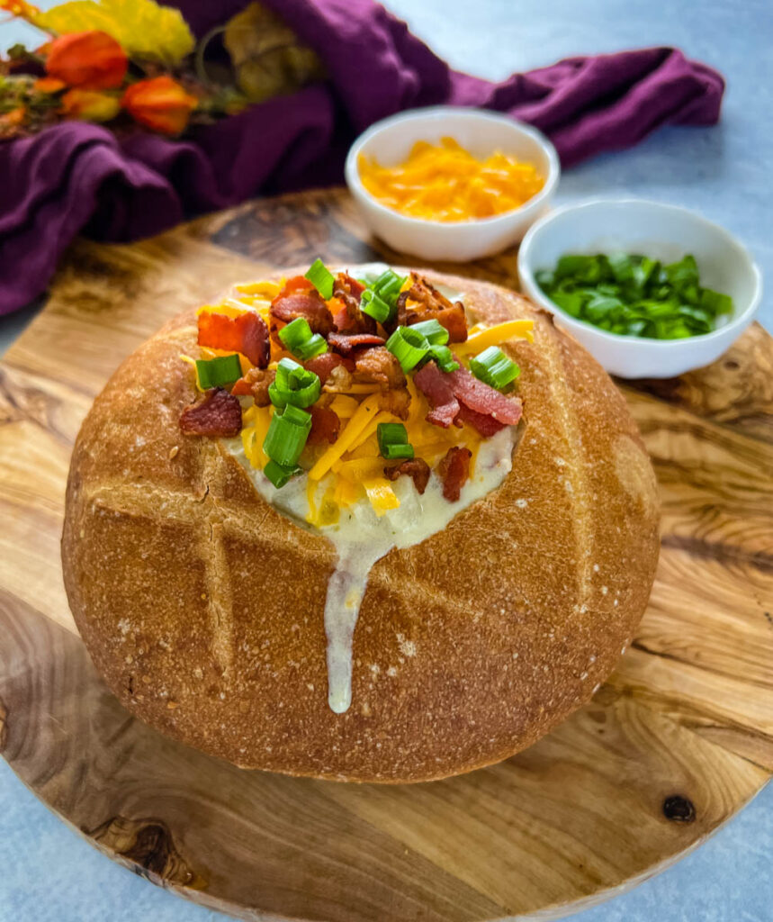bacon ranch potato soup in a bread bowl
