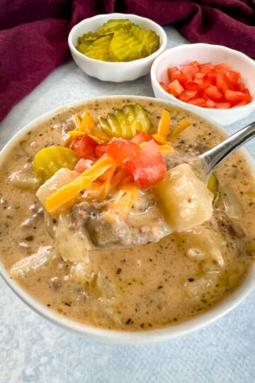 a spoonful of cheeseburger soup