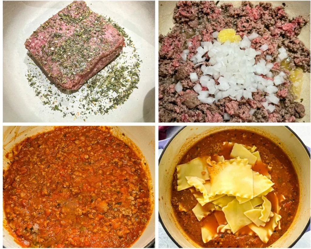 collage of 4 photos with ground beef, marinara, and lasagna pasta noodles