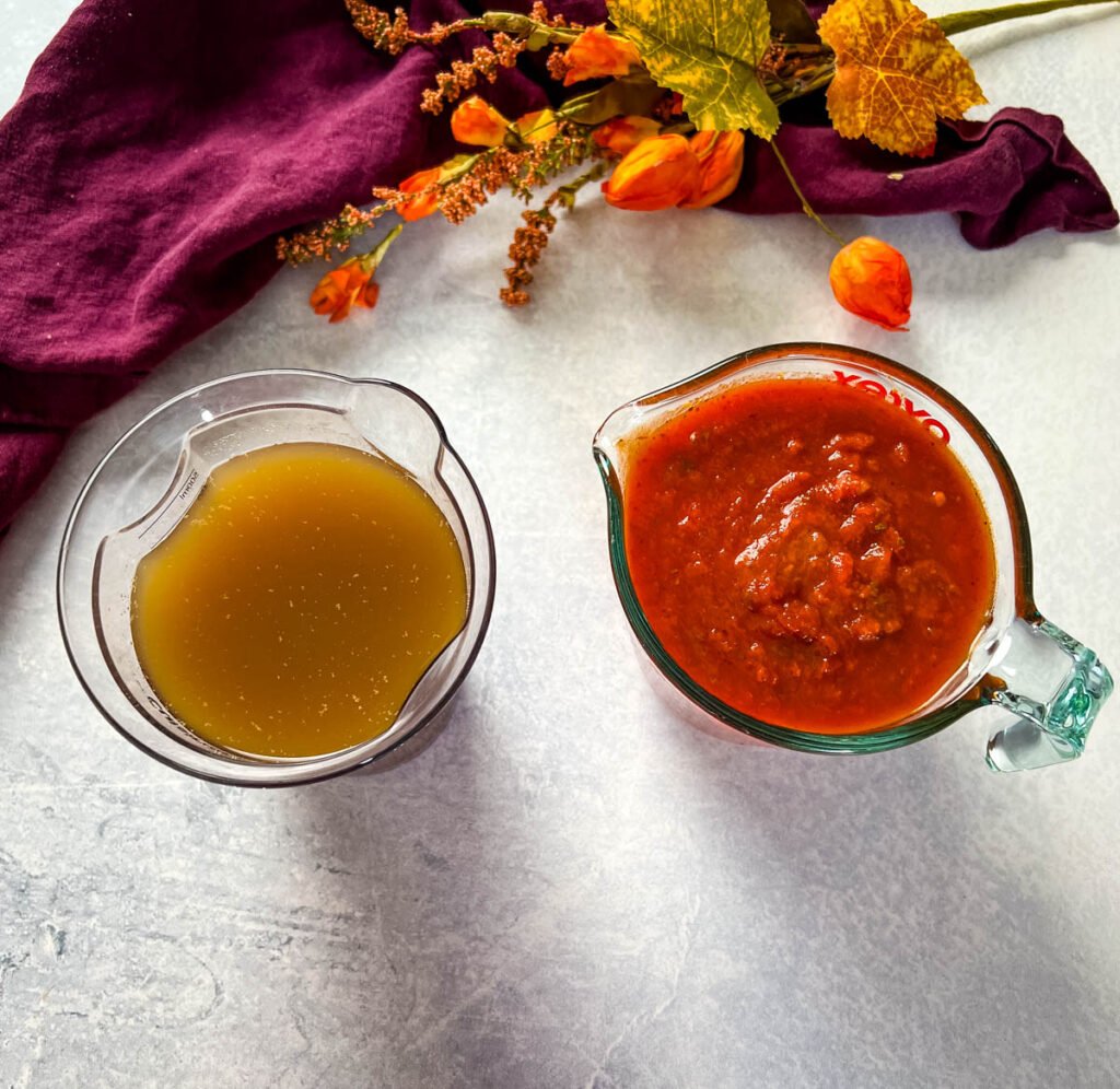 marinara sauce and beef broth in separate measuring cups