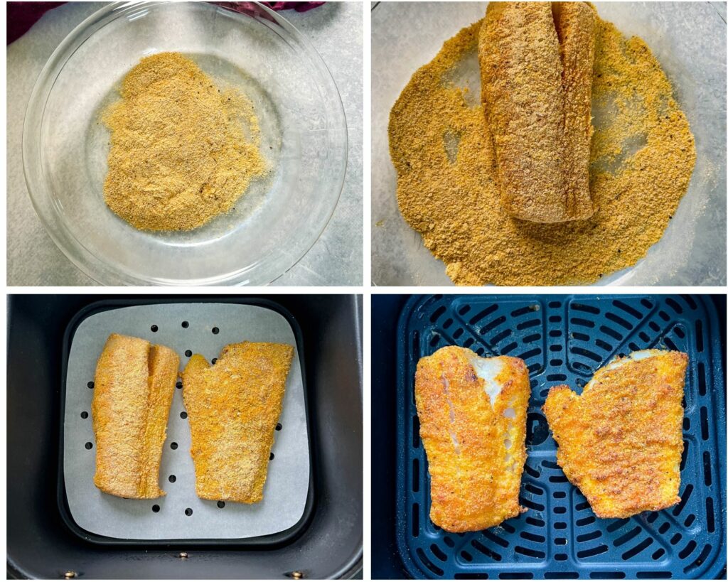 collage of 4 photos with breaded fish in a glass bowl and an air fryer