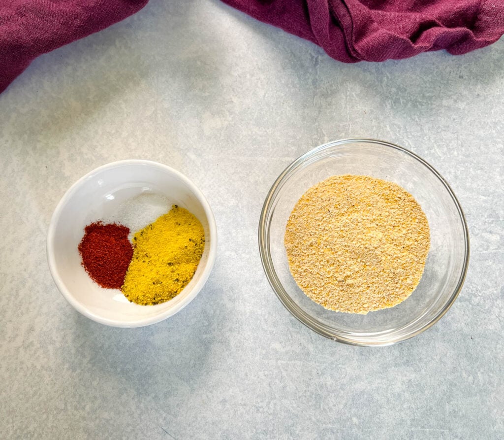 fish fry breading, smoked paprika, lemon pepper, and salt in white bowls