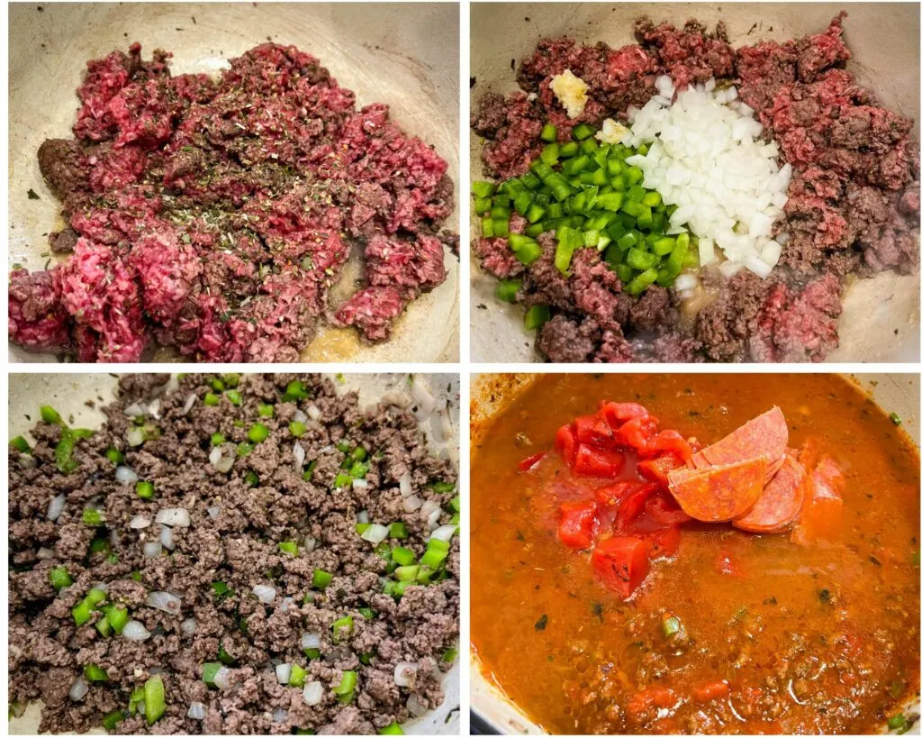 collage of 4 photos with ground beef, onions, green peppers, and tomatoes in a pot