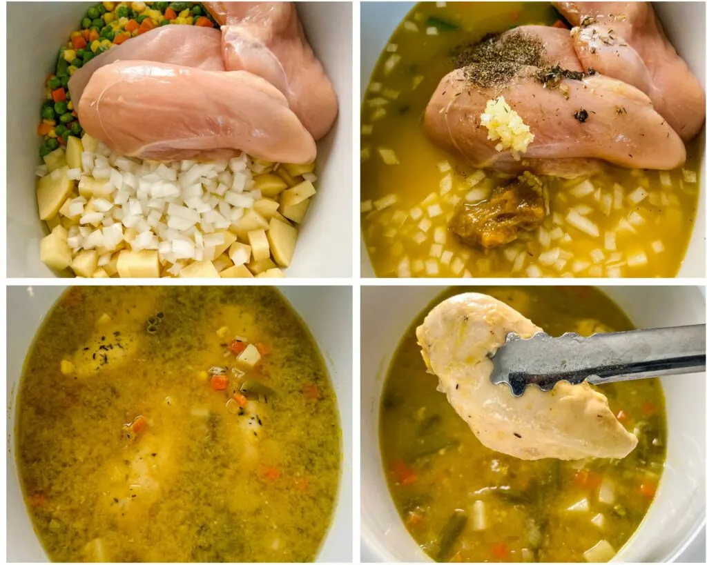 collage photo of 4 photos with chicken pot pie in a slow cooker Crockpot