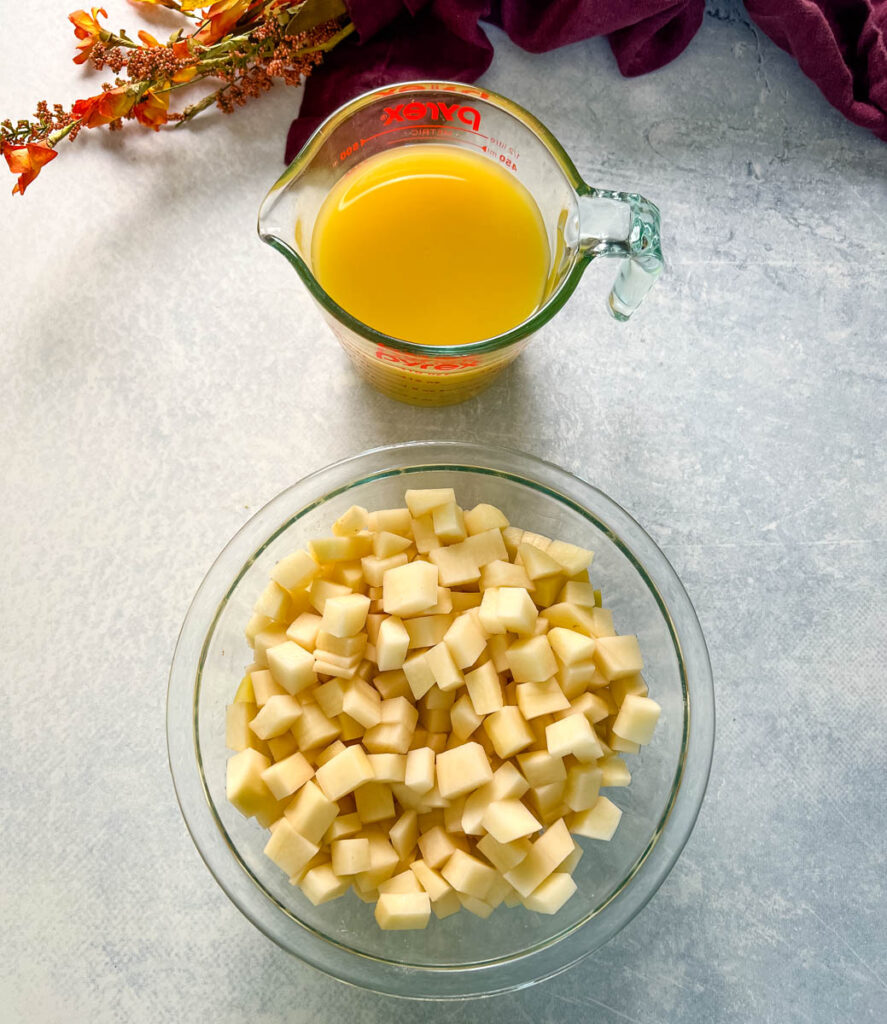 sliced russet potatoes and chicken broth in separate glass bowls