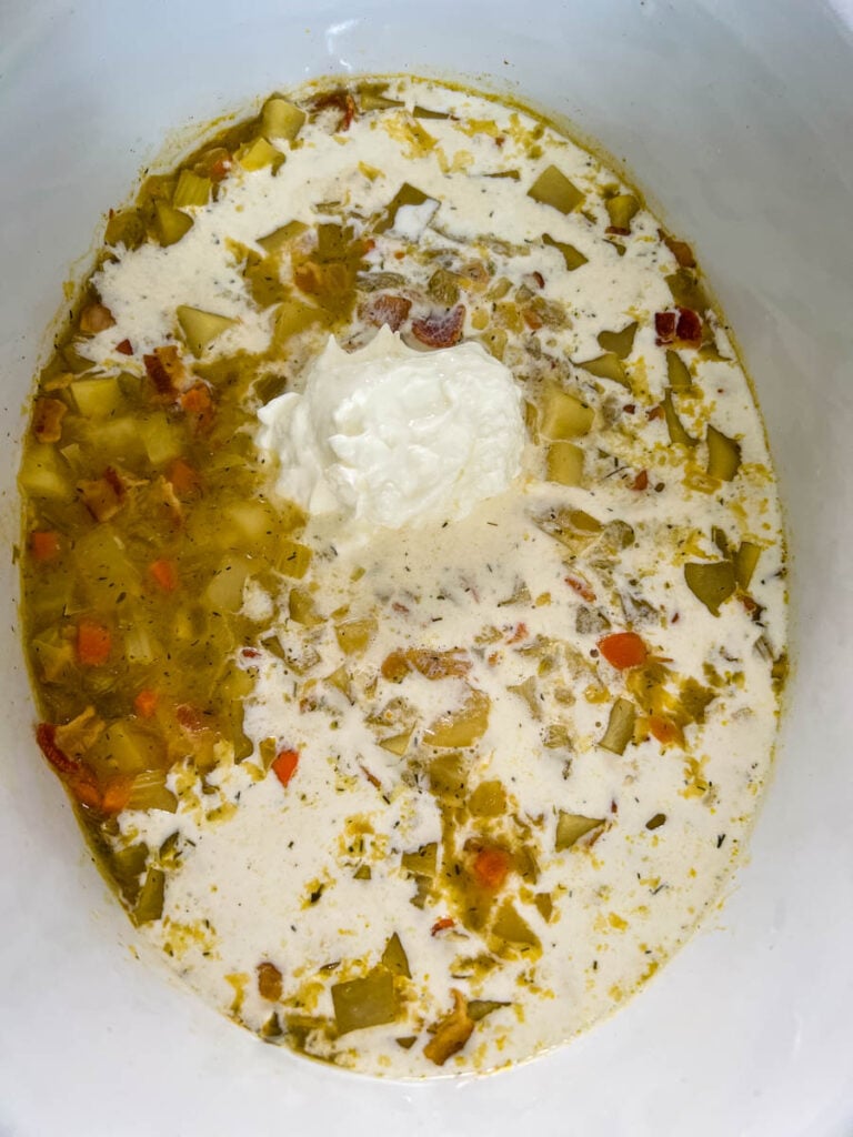 loaded potato soup in a Crockpot slow cooker
