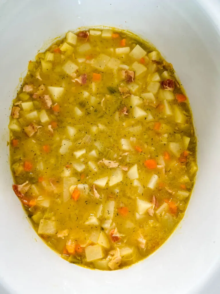 loaded potato soup in a Crockpot slow cooker