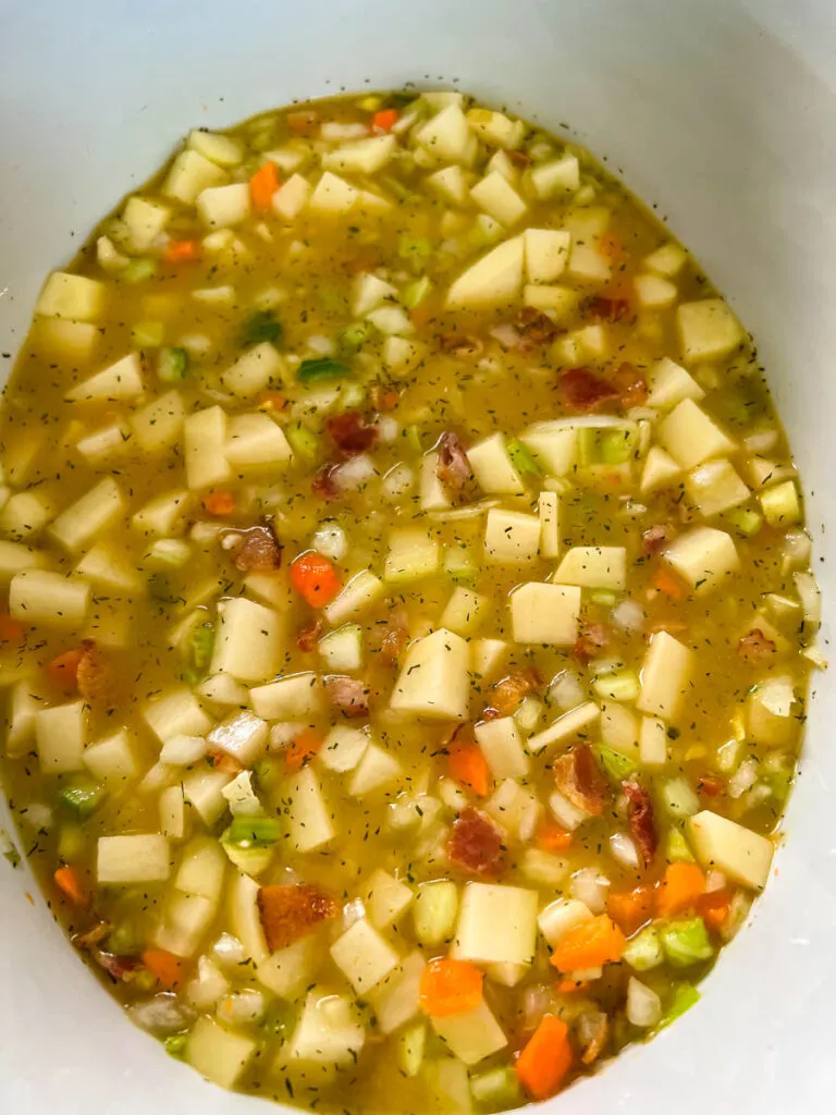 loaded potato soup in a Crockpot slow cooker