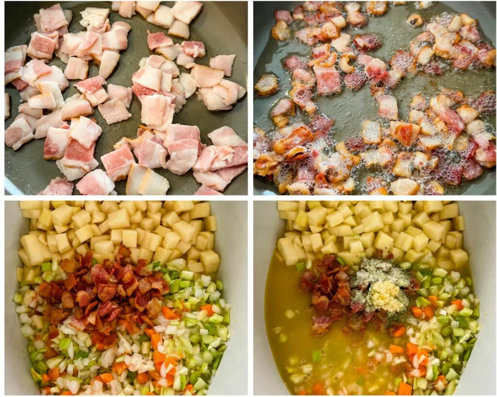 collage of 4 photos with bacon cooked in a pan and potato soup in a Crockpot slow cooker