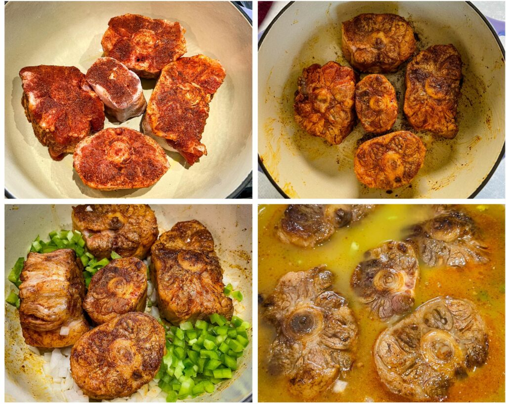 seared, braised oxtail in a Dutch oven pot