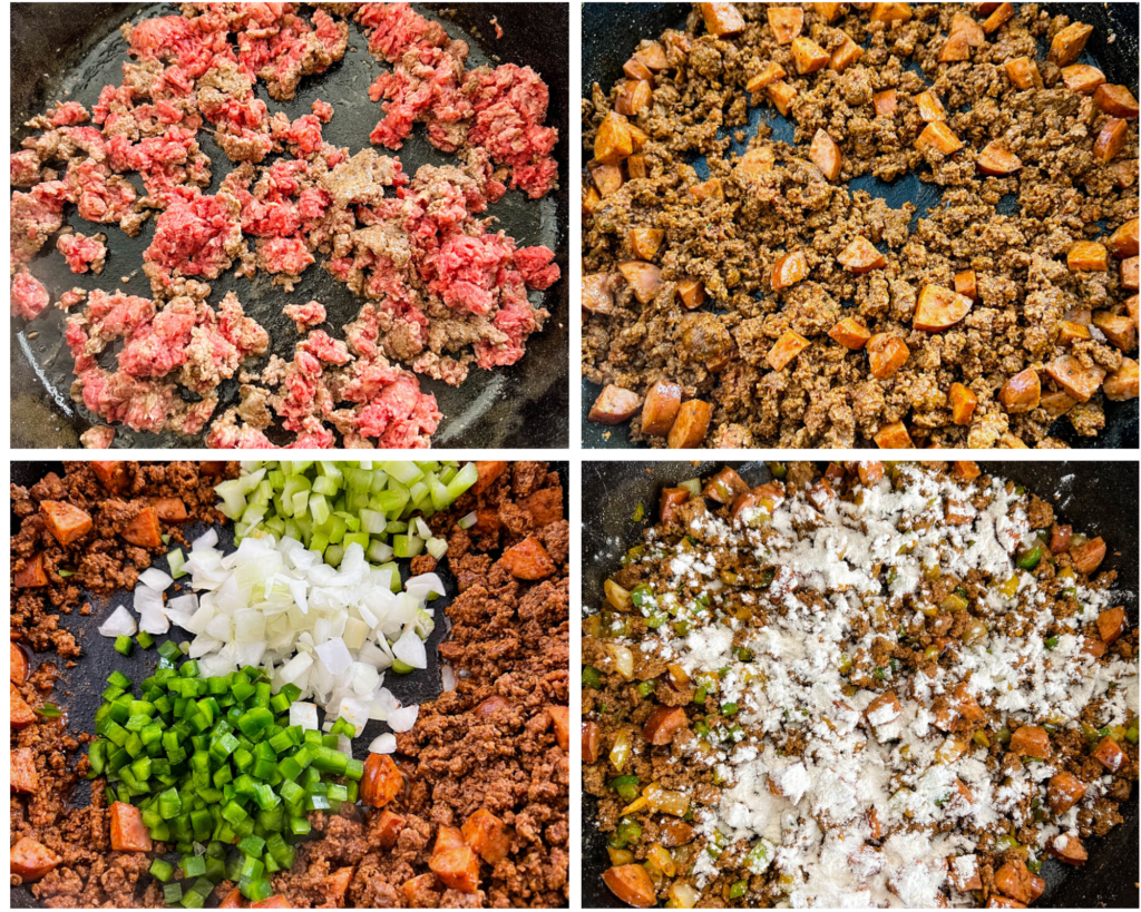 collage photo of 4 photos with ground beef, sausage, and vegetables in a skillet