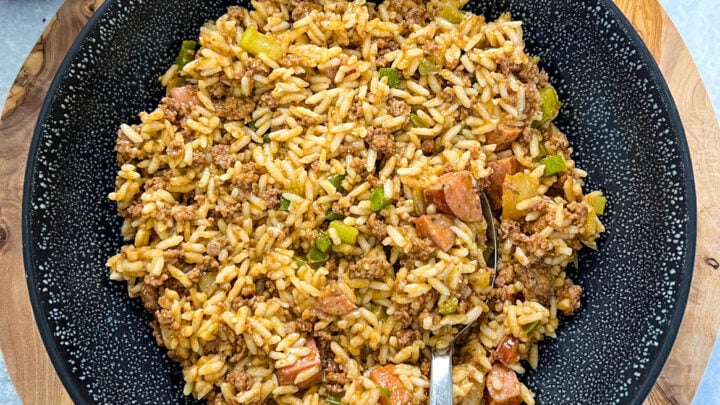 Cajun dirty rice in a black bowl