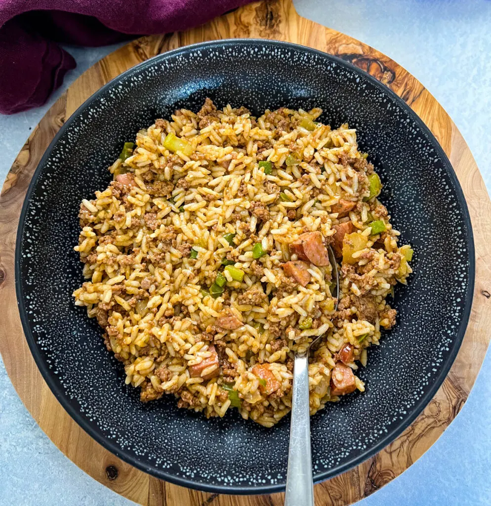 Cajun dirty rice in a black bowl