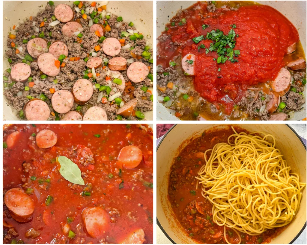 collage of 4 photos with marinara sauce sausage and beef