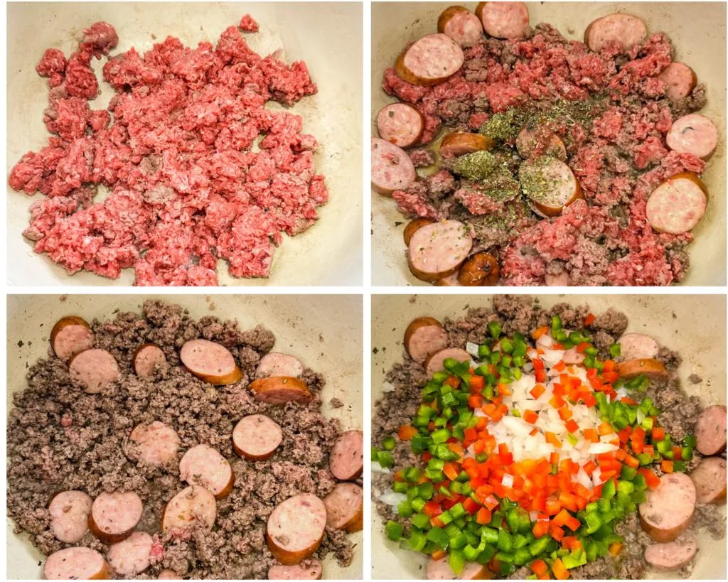 collage of 4 photos with marinara sauce sausage and beef
