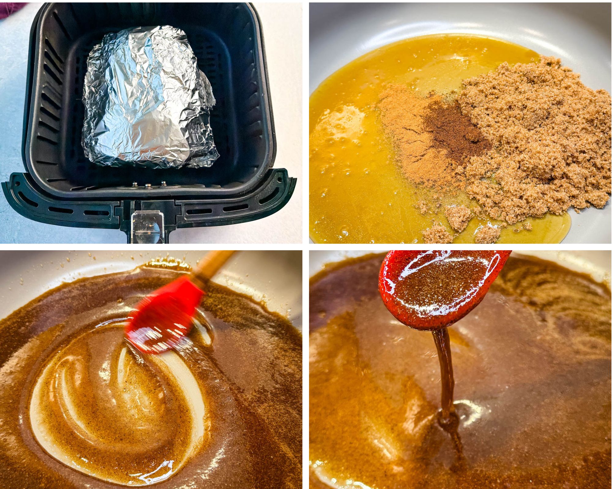 A step-by-step collage showing how to make honey glaze for ham — foil-wrapped ham inside an air fryer basket, brown sugar and spices in a pan with honey, the mixture being stirred with a red spatula, and a spoonful of glossy brown glaze being lifted.