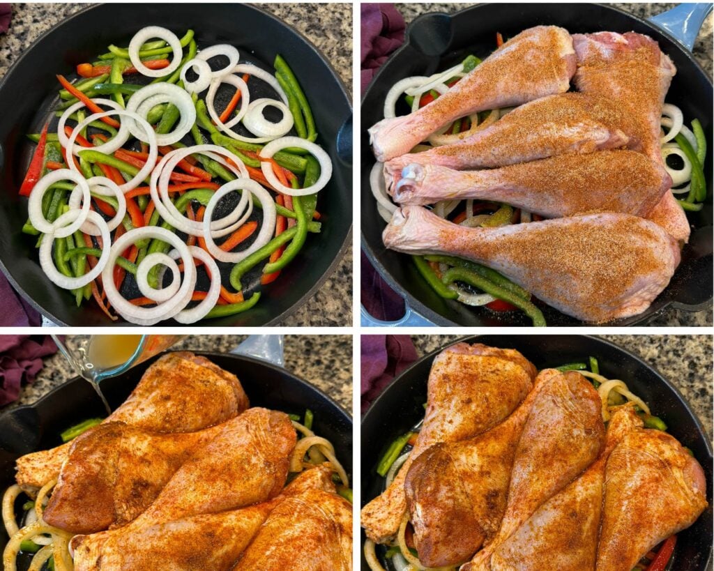 Four-step process collage showing the preparation of baked turkey legs: Sliced onions and bell peppers arranged in a cast iron skillet. Seasoned raw turkey legs placed on top of the vegetables. Broth being poured over the seasoned turkey legs. The turkey legs fully coated in seasoning and ready to bake.