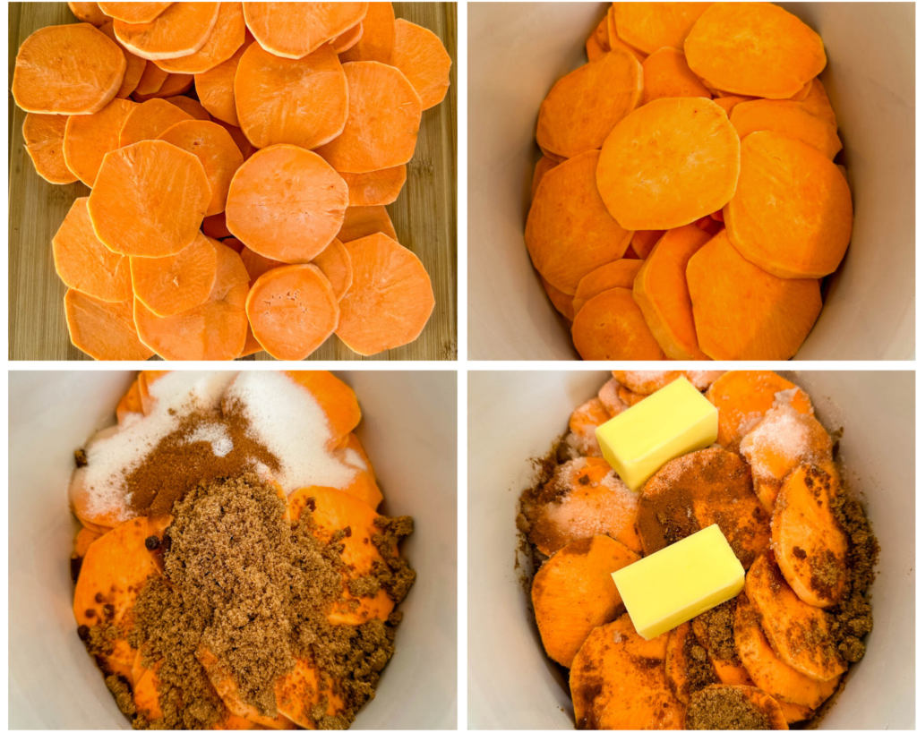 collage of 4 photos with sliced sweet potatoes and spices in a Crockpot slow cooker