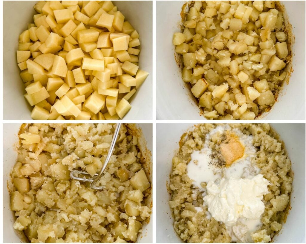 collage of 4 photos with potatoes in a Crockpot slow cooker