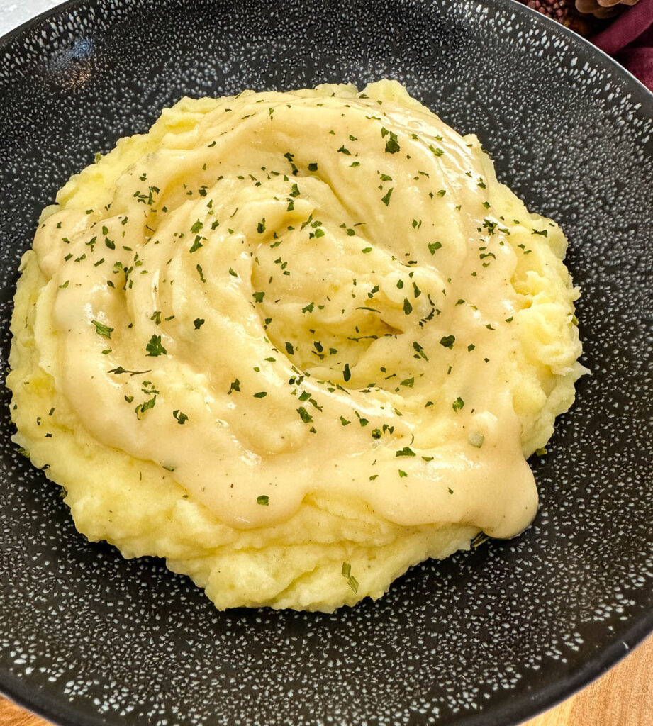 Southern buttermilk mashed potatoes in a black bowl