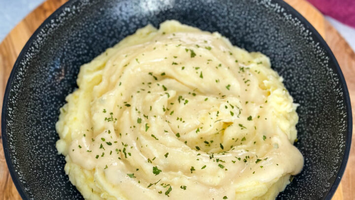 Southern buttermilk mashed potatoes in a black bowl