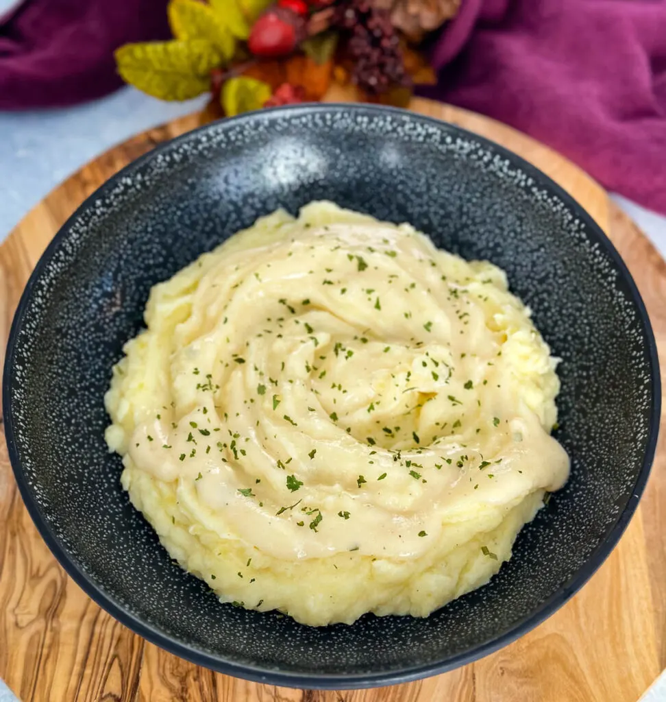 Southern buttermilk mashed potatoes in a black bowl