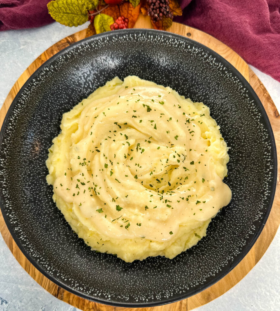 Southern buttermilk mashed potatoes in a black bowl