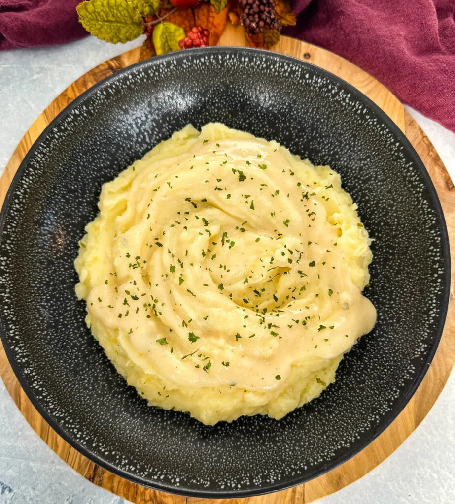 Southern buttermilk mashed potatoes in a black bowl