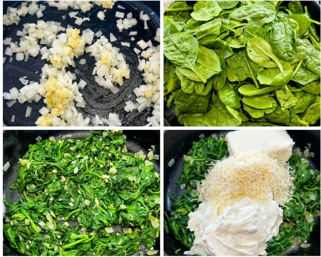 collage of 4 photos with fresh spinach, onions, cream cheese, Parmesan, and greek yogurt in a pan