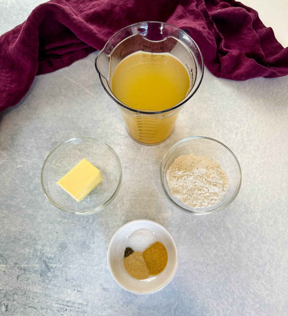 broth, butter, flour, and spices in separate bowls