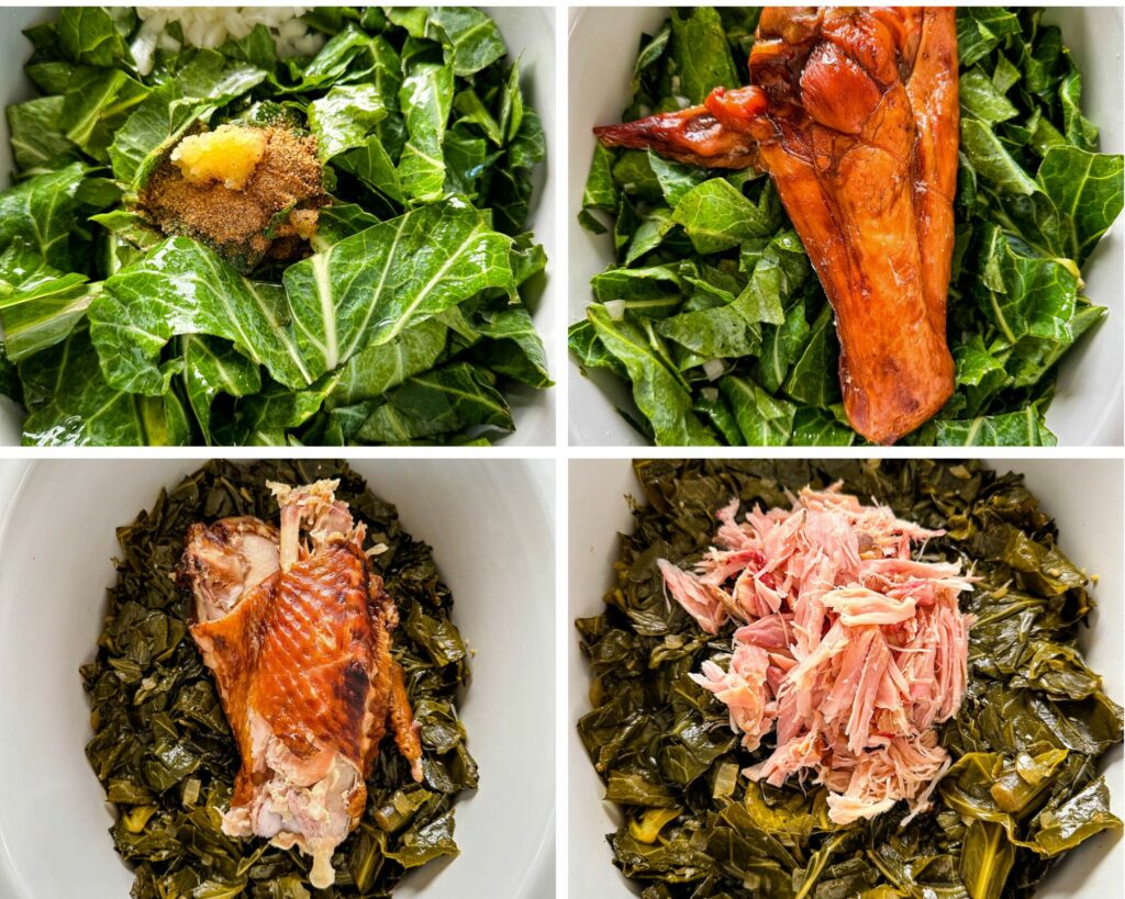 collage of 4 photos of collard greens in a Crockpot slow cooker