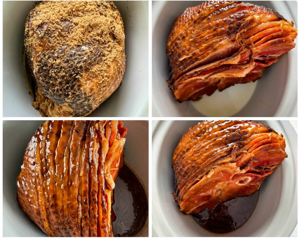 collage of 4 photos with ham and brown sugar in a Crockpot slow cooker