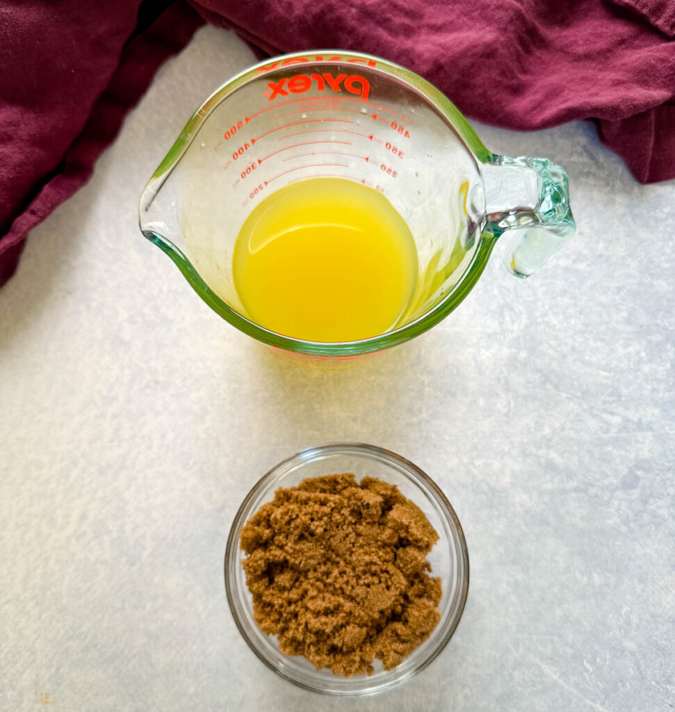 pineapple juice and brown sugar in separate glass bowls