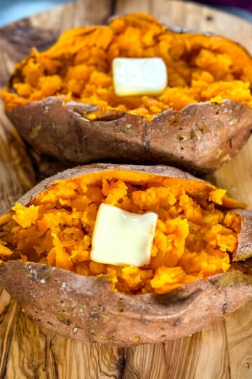 smoked sweet potatoes in butter on a flat surface