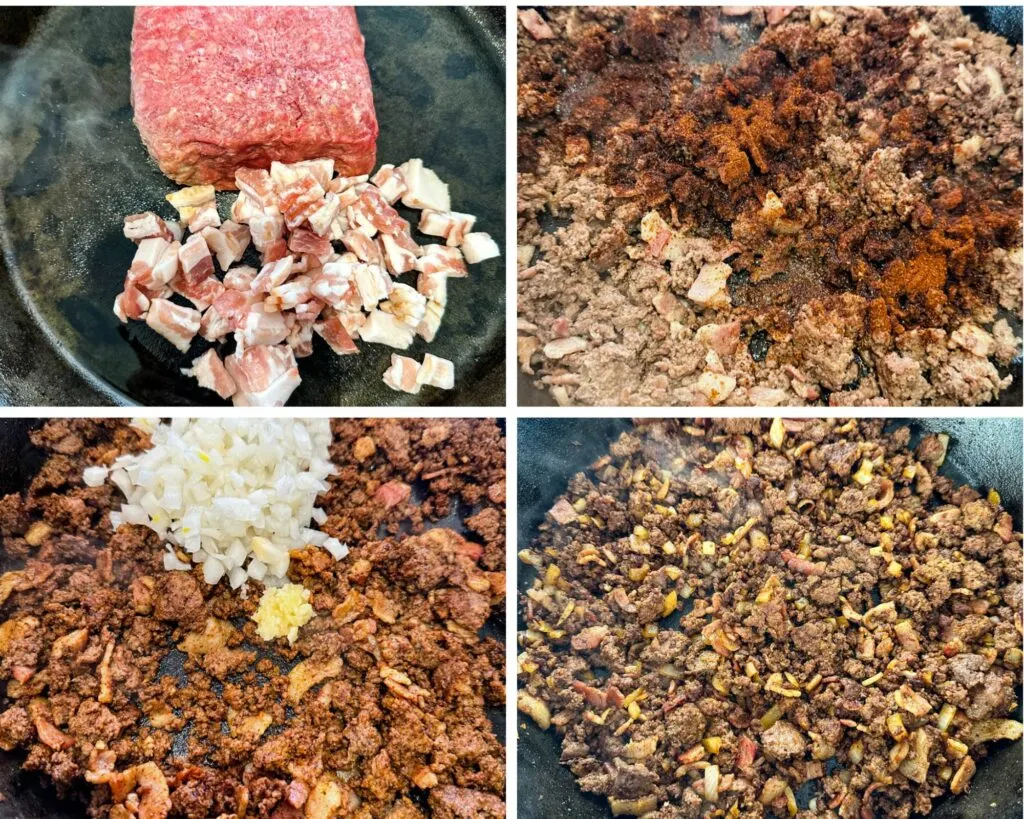collage of 4 photos with ground beef, bacon, and onions in a cast iron skillet