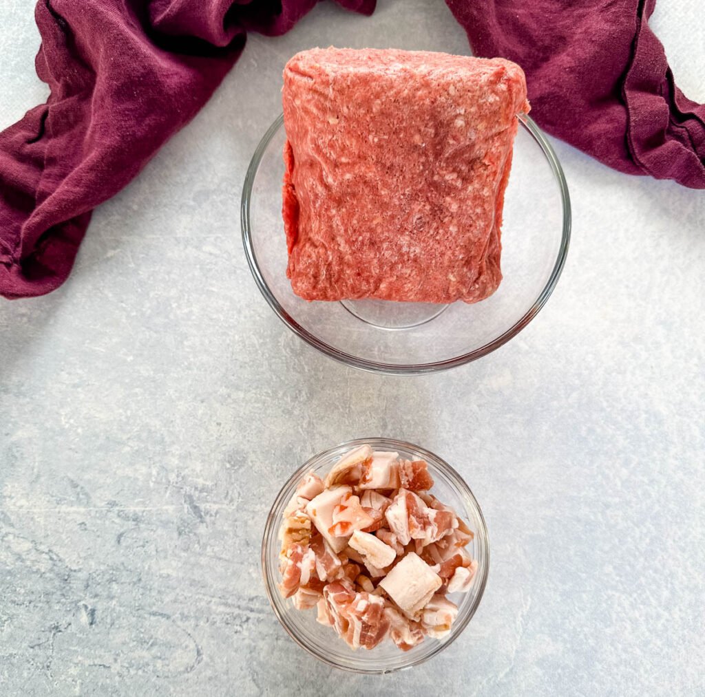 ground beef and bacon in different bowls