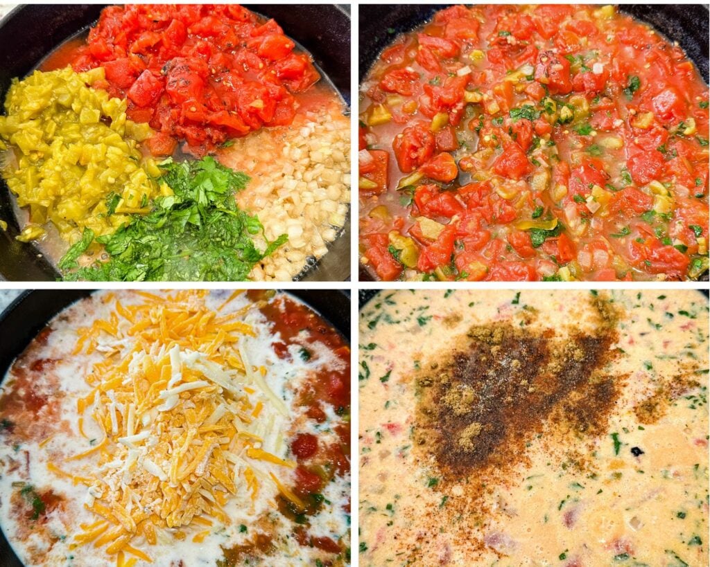 collage of 4 photos with melted cheese, chilies, and spices in a cast iron skillet