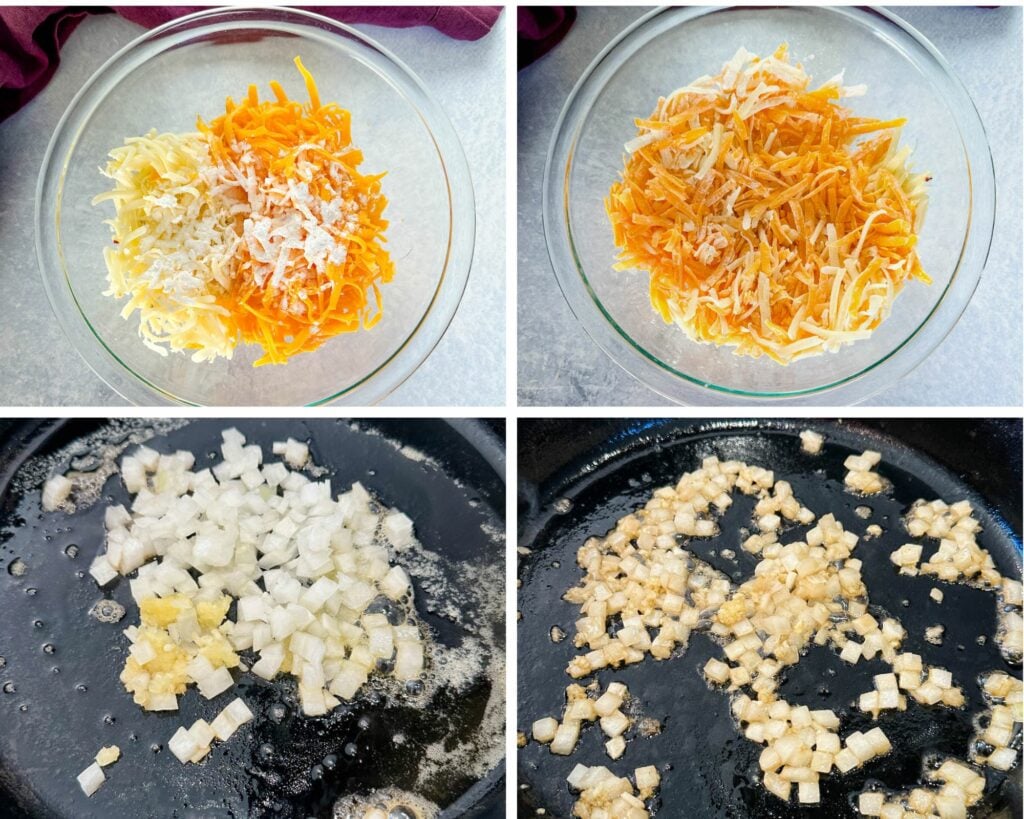 collage of 4 photos with shredded cheese, cornstarch, and cooked onions